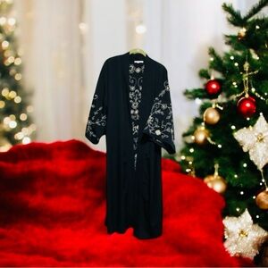 Anthropologie Floreat Navy Longline Duster Kimono Floral Beaded Embroidered OS